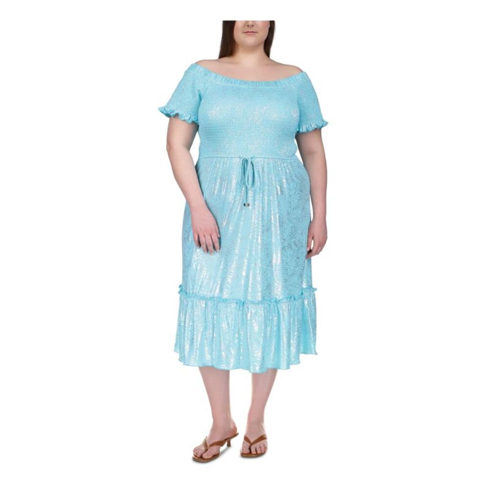 MICHAEL KORS Womens Turquoise Waist Unlined Short Sleeve Midi Dress Plus 0X